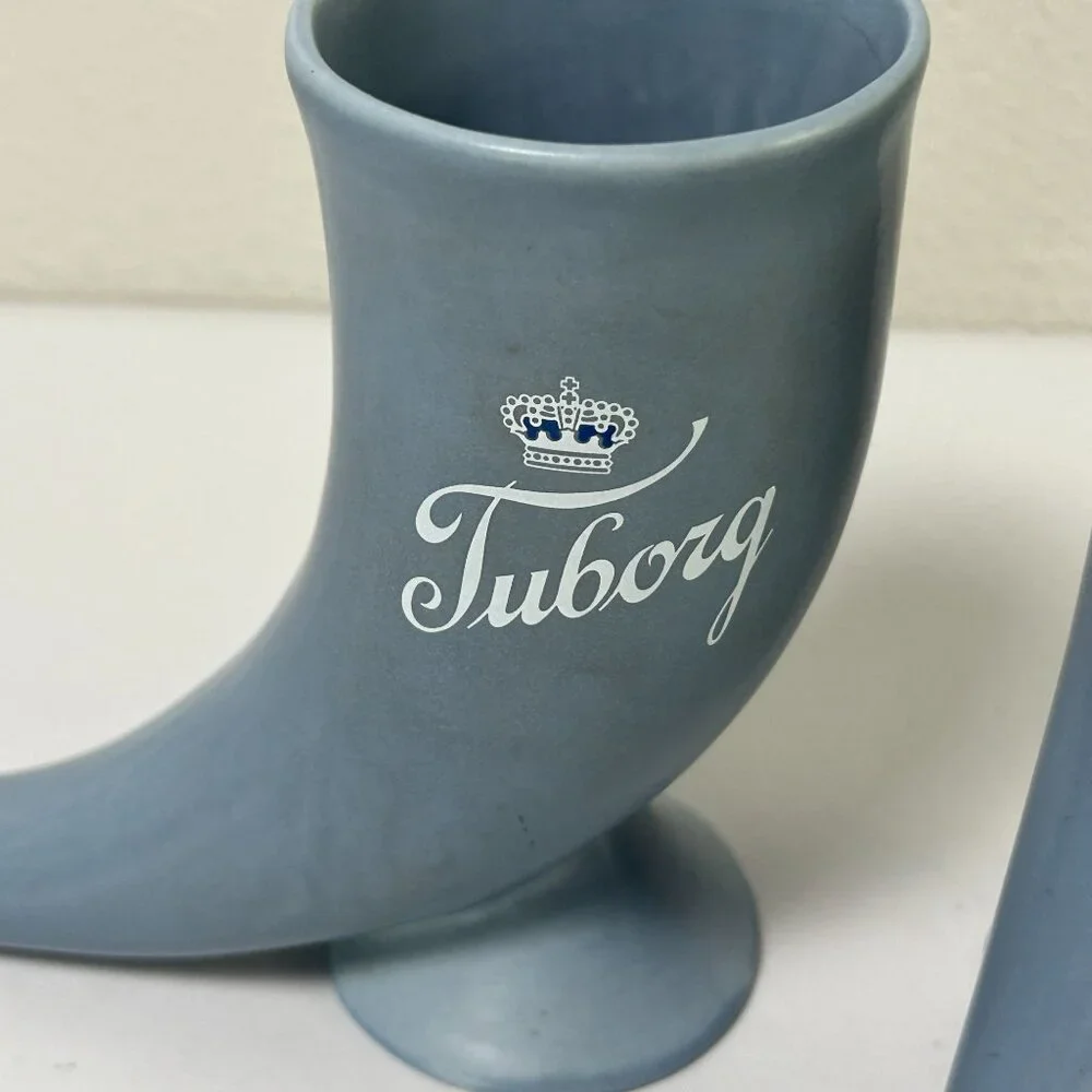 Tuborg Horn Shape Beer Drinking Mug Blue Ceramic Set of 2 Brewery Danish Vintage